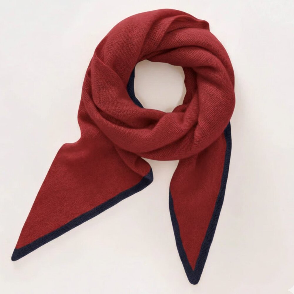 Handmade Cashmere Neck Scarf – Crimson Red with Navy Border - Soft Luxury Winter